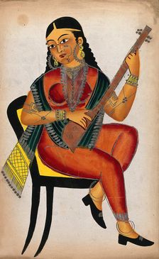 A seated courtesan playing a sitar. Creator: Unknown