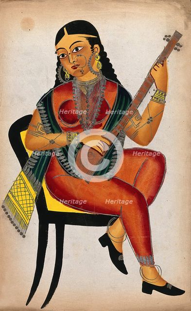 A seated courtesan playing a sitar. Creator: Unknown.