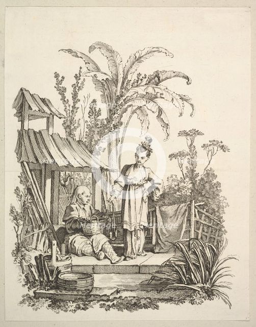 A Seated Chinese Man and a Woman Carrying a Fish, ca. 1742. Creator: Gabriel Huquier.