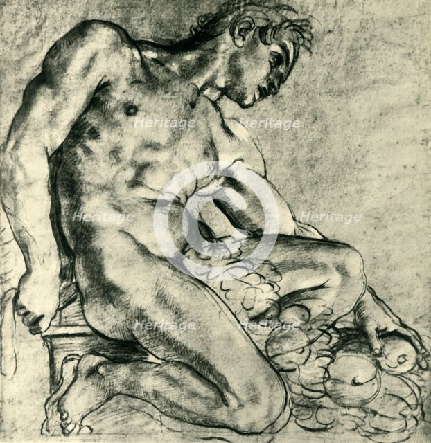 'A Seated Ignudo with a Garland', 1598-1599, (1943).  Creator: Annibale Carracci.