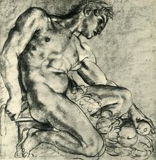 A Seated Ignudo with a Garland 1598-1599, (1943). Creator: Annibale Carracci