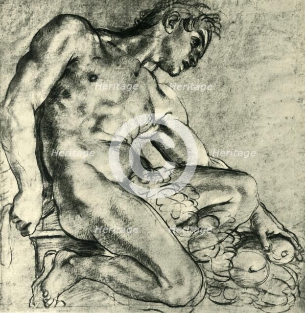 'A Seated Ignudo with a Garland', 1598-1599, (1943).  Creator: Annibale Carracci.