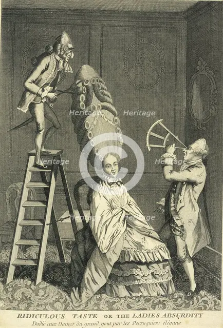 A seated lady has her hair curled and dressed to a towering height, c1770. Creator: Unknown.