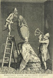 A seated lady has her hair curled and dressed to a towering height, c1770