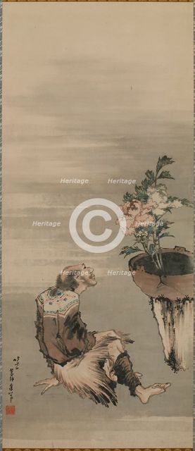 A Seated Man Looking at Potted Peonies, late 18th-early 19th century. Creator: Hokusai.