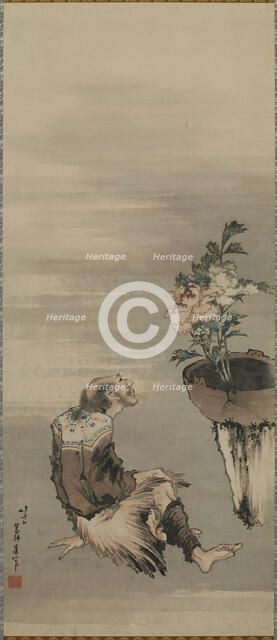 A Seated Man Looking at Potted Peonies, late 18th-early 19th century. Creator: Hokusai.