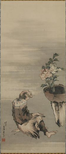 A Seated Man Looking at Potted Peonies, late 18th-early 19th century. Creator: Hokusai