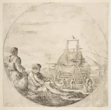 A seated white sailor and a standing black sailor, people building a ship in the backg..., ca. 1660. Creator: Stefano della Bella