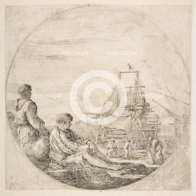 A seated white sailor and a standing black sailor, people building a ship in the backg..., ca. 1660. Creator: Stefano della Bella.