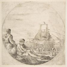 A seated white sailor and a standing black sailor, people building a ship in the backg..., ca. 1660. Creator: Stefano della Bella