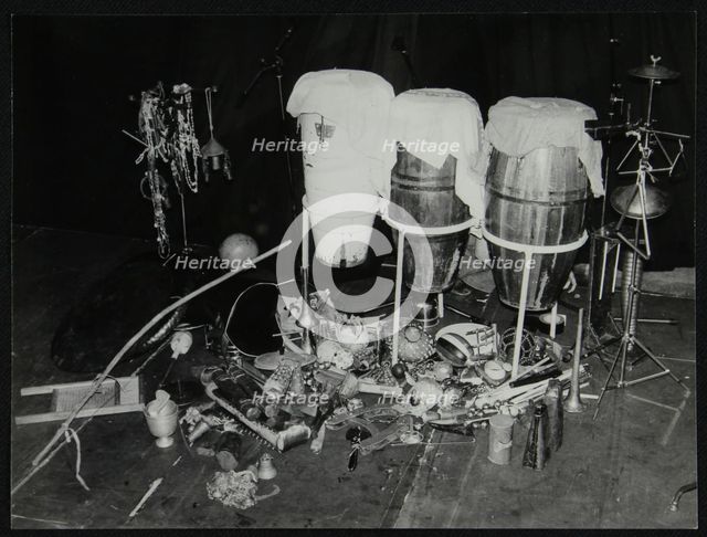 A selection of Brazilian percussionist Guilherme Franco's instruments, Middlesbrough, 1978. Creator: Denis Williams.