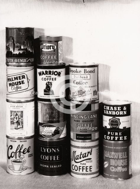 A selection of tins of different brands of coffee, 1947. Artist: Unknown
