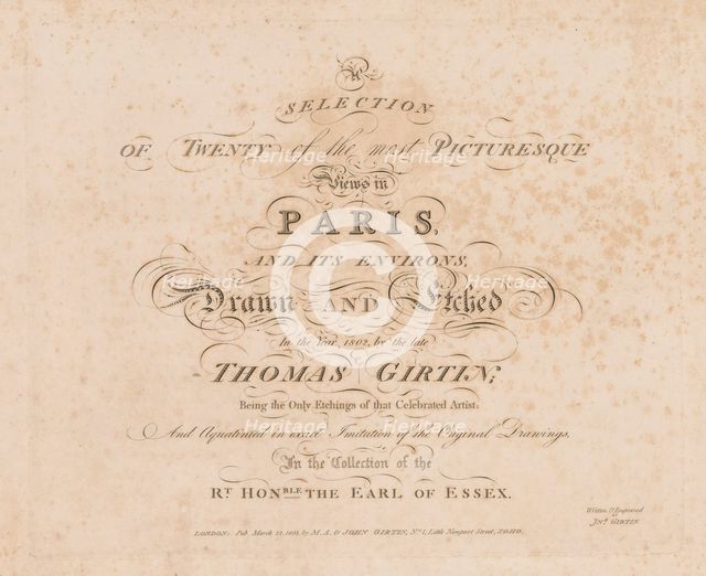 A Selection of Twenty of the Most Picturesque Views in Paris, And its Environs: Title Page, 1803. Creator: John Girtin (British); M.A. & John Girtin, London 1803.