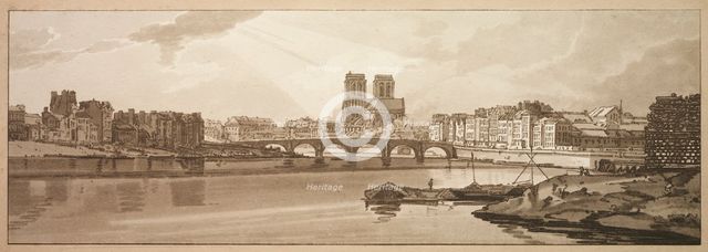 A Selection of Twenty of the Most Picturesque Views in Paris: View of Pont de la Tournelle..., 1802. Creator: Thomas Girtin (British, 1775-1802); Frederick Christian Lewis (British, 1779-1856).