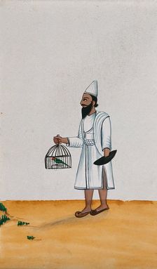 A servant holds a parrot in a cage with one hand while the other is..., (between 1800 and 1899?). Creator: Unknown