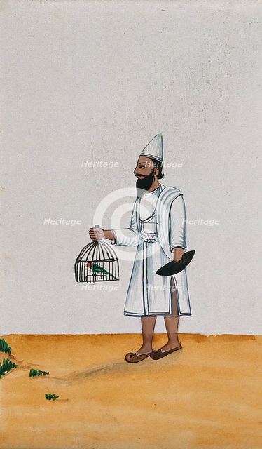 A servant holds a parrot in a cage with one hand while the other is..., (between 1800 and 1899?). Creator: Unknown.