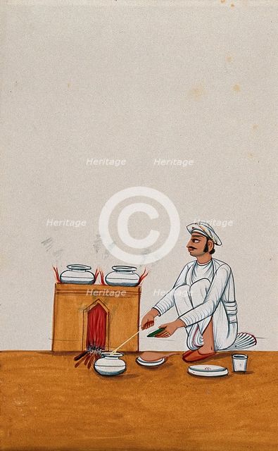 A servant serves food from a degchi (pot), while two other dishes are..., (between 1800 and 1899?). Creator: Unknown.