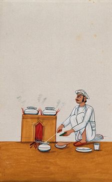 A servant serves food from a degchi (pot), while two other dishes are..., (between 1800 and 1899?). Creator: Unknown