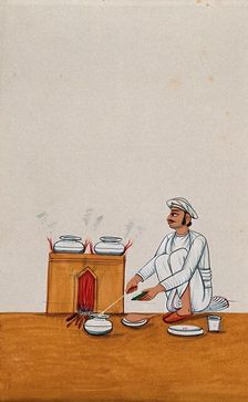 A servant serves food from a degchi (pot), while two other dishes are..., (between 1800 and 1899?). Creator: Unknown