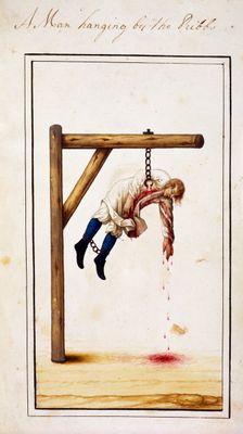A serf punished by being hanged from his ribs, Russia, 1800s. Creator: Unknown