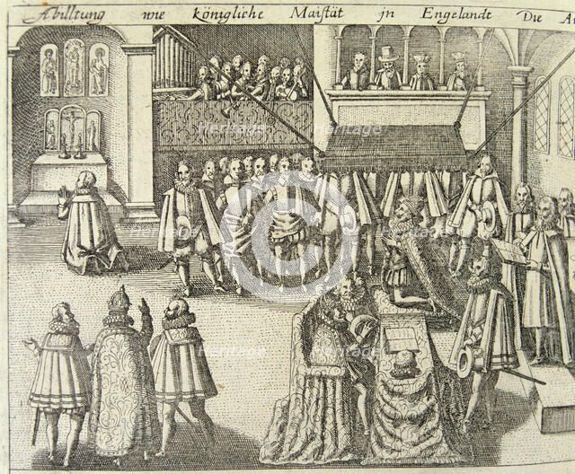 A session of the British Parliament in 1623, engraving.