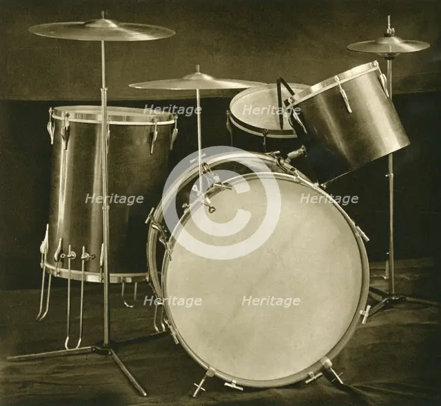 'A set of percussion instruments (drums and cymbals) of Czechslovak manufacture', 1948. Artist: Unknown.