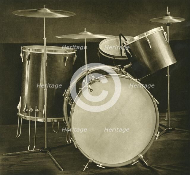 'A set of percussion instruments (drums and cymbals) of Czechslovak manufacture', 1948. Artist: Unknown.