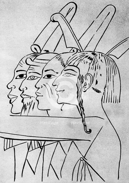 A sketch of African and Asian men from the tomb of King Seti I, Thebes, Egypt, 1936. Artist: Unknown