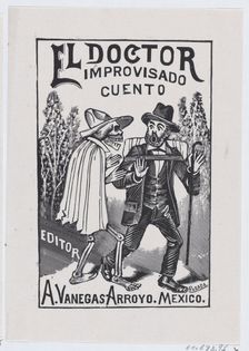 A skeleton wearing a cape speaking to a frightened man with a cane and backpack, ..., ca. 1890-1899. Creator: José Guadalupe Posada
