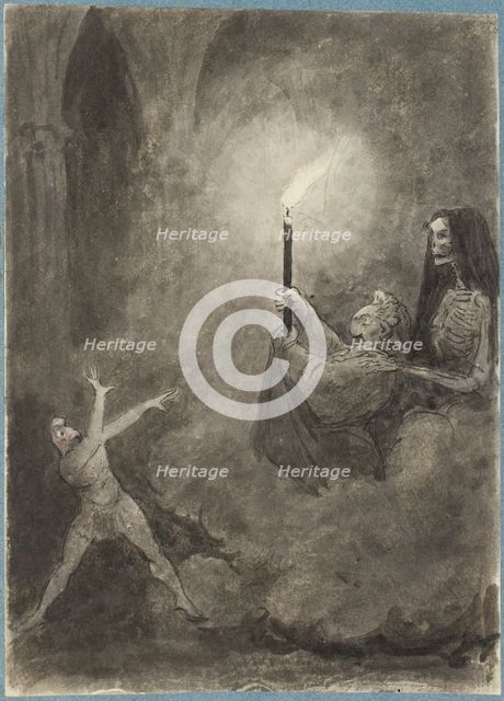 A skeleton and two figures in a Gothic building, c1750s. Creator: George Dance.