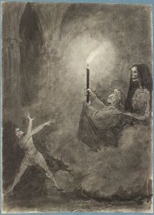 A skeleton and two figures in a Gothic building, c1750s. Creator: George Dance