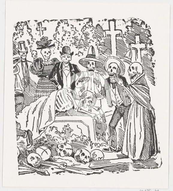 A skeleton covered with a sheet crying in a cemetery, from a broadside entitled '..., ca. 1880-1910. Creator: José Guadalupe Posada.