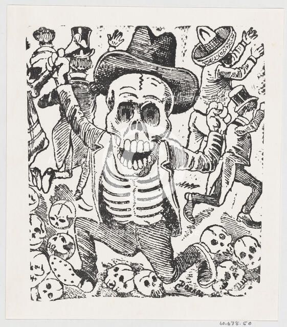 A skeleton holding a bone and leaping over a pile of skulls while people flee, fr..., ca. 1907. Creator: José Guadalupe Posada.