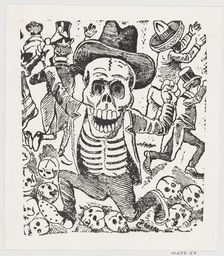 A skeleton holding a bone and leaping over a pile of skulls while people flee, fr..., ca. 1907. Creator: José Guadalupe Posada