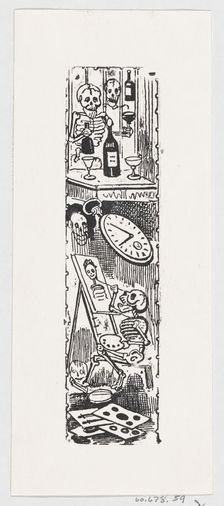 A skeleton painting and another skeleton holding a bottle of liquor, from a broad..., ca. 1880-1910. Creator: José Guadalupe Posada