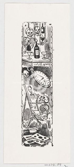 A skeleton painting and another skeleton holding a bottle of liquor, from a broad..., ca. 1880-1910. Creator: José Guadalupe Posada.