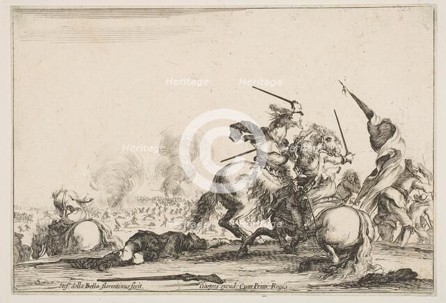 A skirmish, two horsemen battling with swords to the right, men carrying a flag runnin..., ca. 1645. Creator: Stefano della Bella.