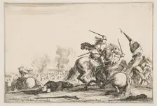 A skirmish, two horsemen battling with swords to the right, men carrying a flag runnin..., ca. 1645. Creator: Stefano della Bella
