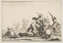 A skirmish, two horsemen battling with swords to the right, men carrying a flag runnin..., ca. 1645. Creator: Stefano della Bella