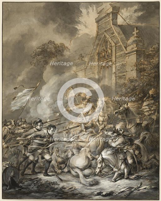 A Skirmish Between the Cavalry Officers and Footsoldiers with Bayonets, 1781. Creator: Dirk Langendijk.