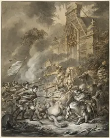 A Skirmish Between the Cavalry Officers and Footsoldiers with Bayonets, 1781. Creator: Dirk Langendijk