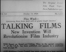 A Shot of a Kinematograph Weekly. Headline Reads: Talking Films. New Invention Will..., 1929. Creator: British Pathe Ltd