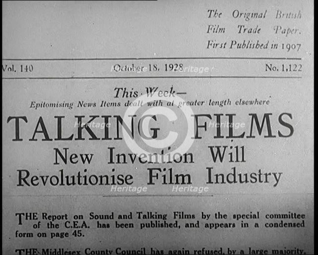 A Shot of a Kinematograph Weekly. Headline Reads: 'Talking Films. New Invention Will..., 1929. Creator: British Pathe Ltd.