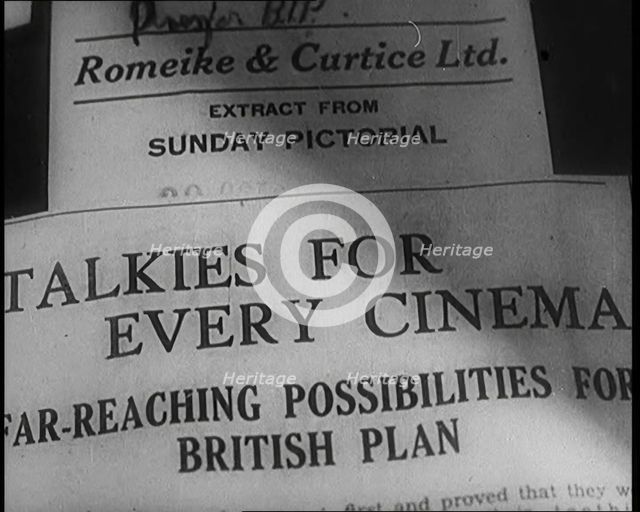 A Shot of the Film Weekly. Headline Reads: 'Talkies for Every Cinema. Far Reaching..., 1929. Creator: British Pathe Ltd.