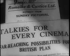 A Shot of the Film Weekly. Headline Reads: Talkies for Every Cinema. Far Reaching..., 1929. Creator: British Pathe Ltd
