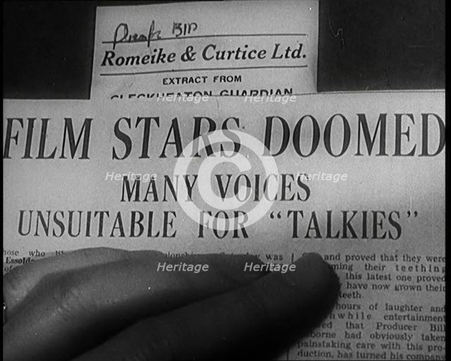 A Shot of the Film Weekly. Headline Reads: 'Film Stars Doomed. Many Voices Unsuitable for..., 1929. Creator: British Pathe Ltd.