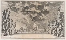 A shore framed by rocks, with Neptune in his chariot on the left and Salacia in hers on th..., 1668. Creator: Mathäus Küsel
