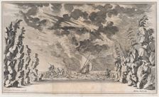 A shore framed by rocks, with Neptune in his chariot on the left and Salacia in hers on th..., 1668. Creator: Mathäus Küsel