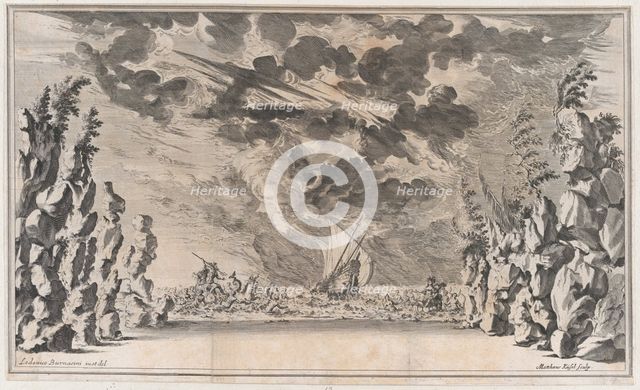 A shore framed by rocks, with Neptune in his chariot on the left and Salacia in hers on th..., 1668. Creator: Mathäus Küsel.