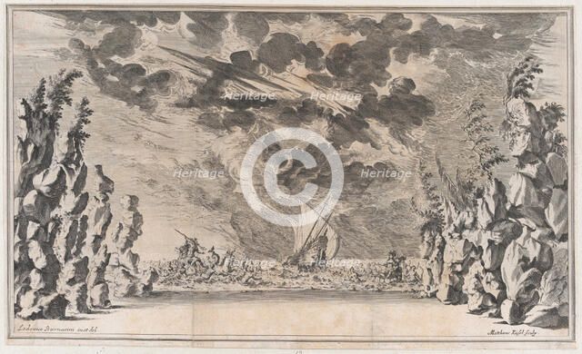 A shore framed by rocks, with Neptune in his chariot on the left and Salacia in hers on th..., 1668. Creator: Mathäus Küsel.
